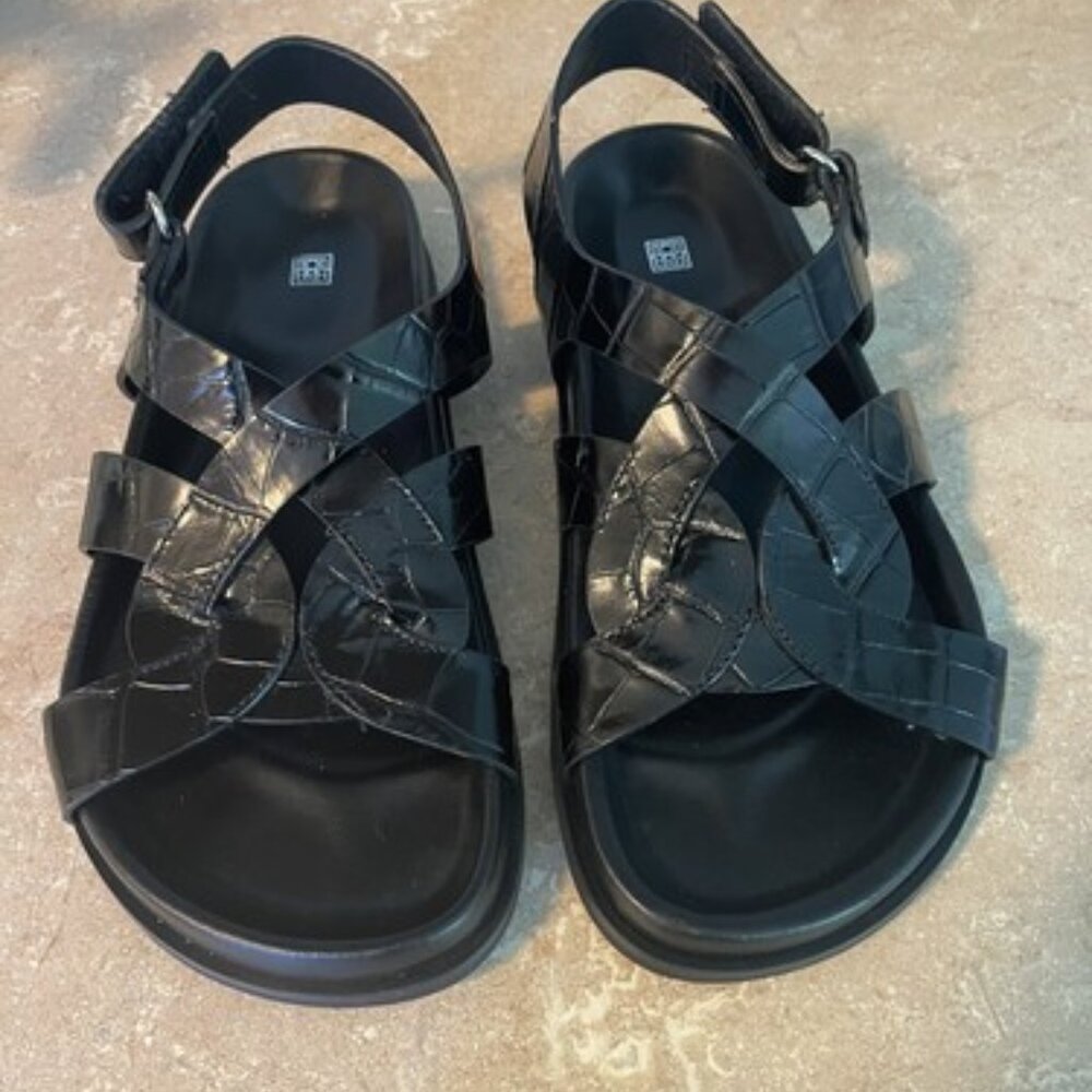 Totême Black Chunky Croc Embossed Sandal Shoes Size EU 37/US 7